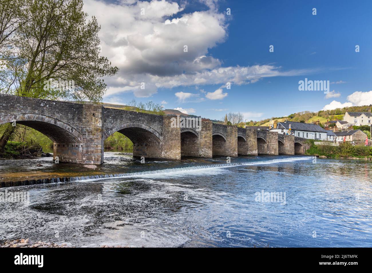 The Crickhowell Bridge, an 18th century arched stone bridge spanning the river Usk in Crickhowell, Brecon Beacons, Powys, Wales. Stock Photo