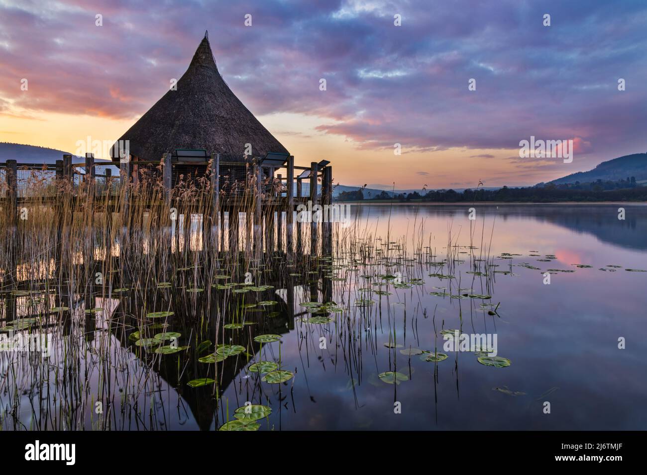 The Crannog at Llangorse Lake in the Brecon Beacons National Park, South Wales, captured at sunrise. Stock Photo