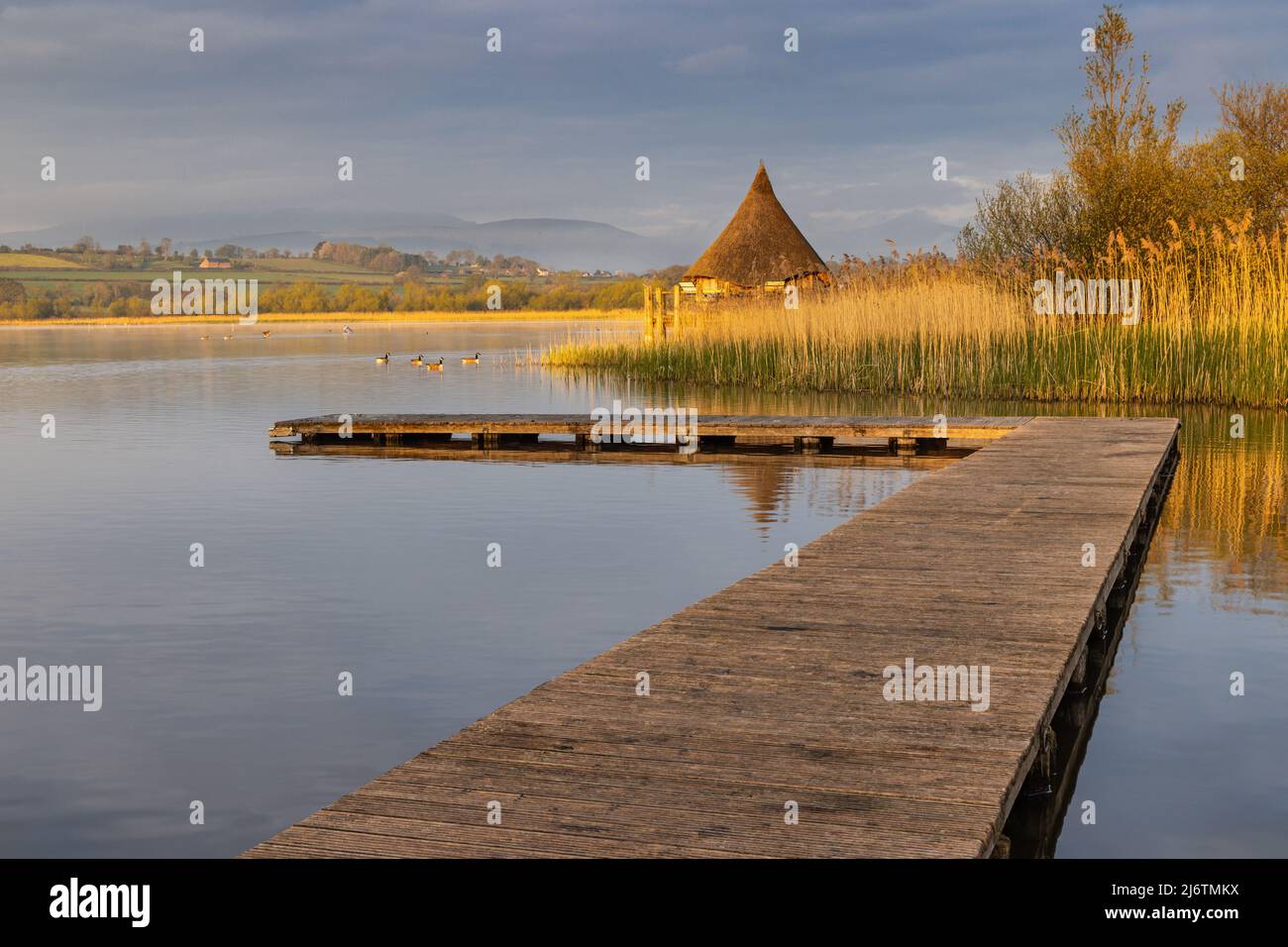 Llangorse Lake and the Crannog in the Brecon Beacons National Park, South Wales. Stock Photo