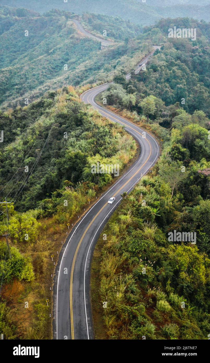 Aerial view of Curvy road number 3 in the mountain of Pua district, Nan ...