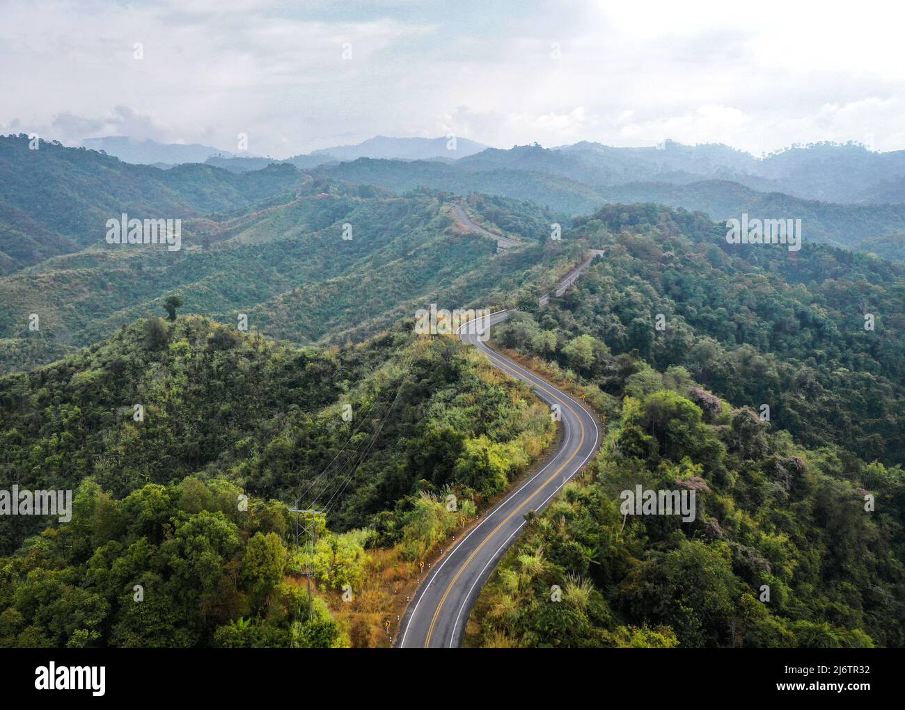 Aerial view of Curvy road number 3 in the mountain of Pua district, Nan ...
