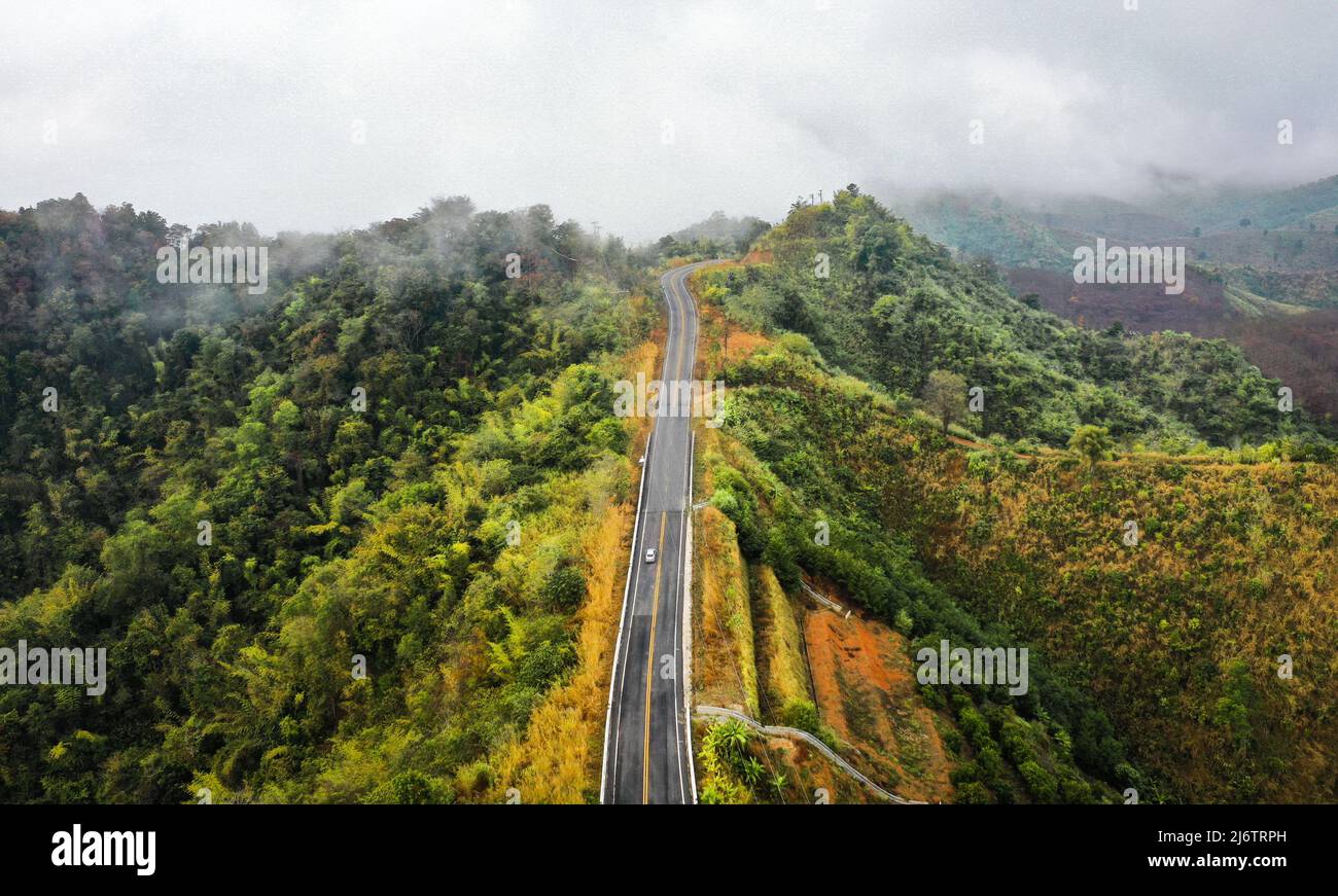 Aerial view of Curvy road number 3 in the mountain of Pua district, Nan ...