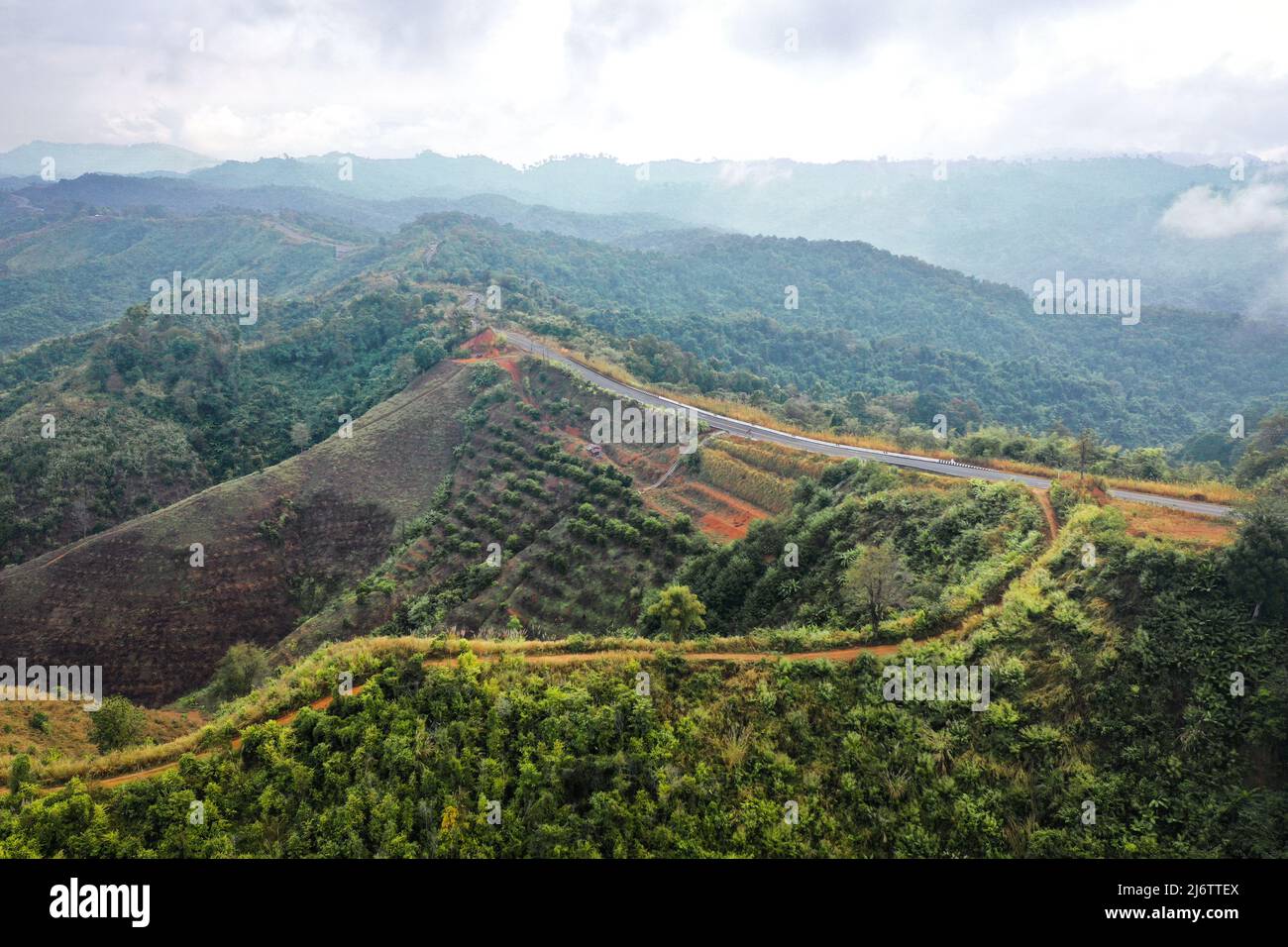 Aerial view of Curvy road number 3 in the mountain of Pua district, Nan ...