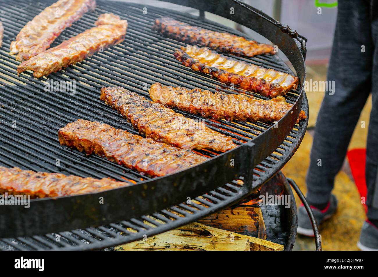 Grilled meat ribs up close. Barbecue, grill. Cooking meat on coals