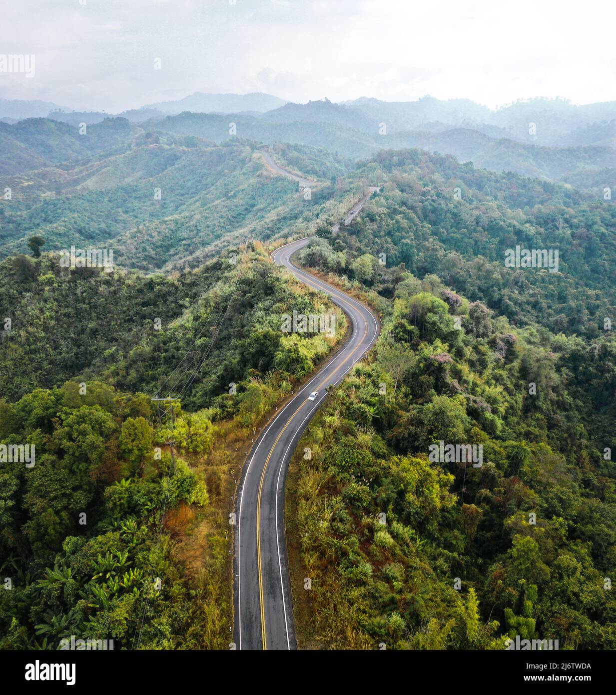 Aerial view of Curvy road number 3 in the mountain of Pua district, Nan ...