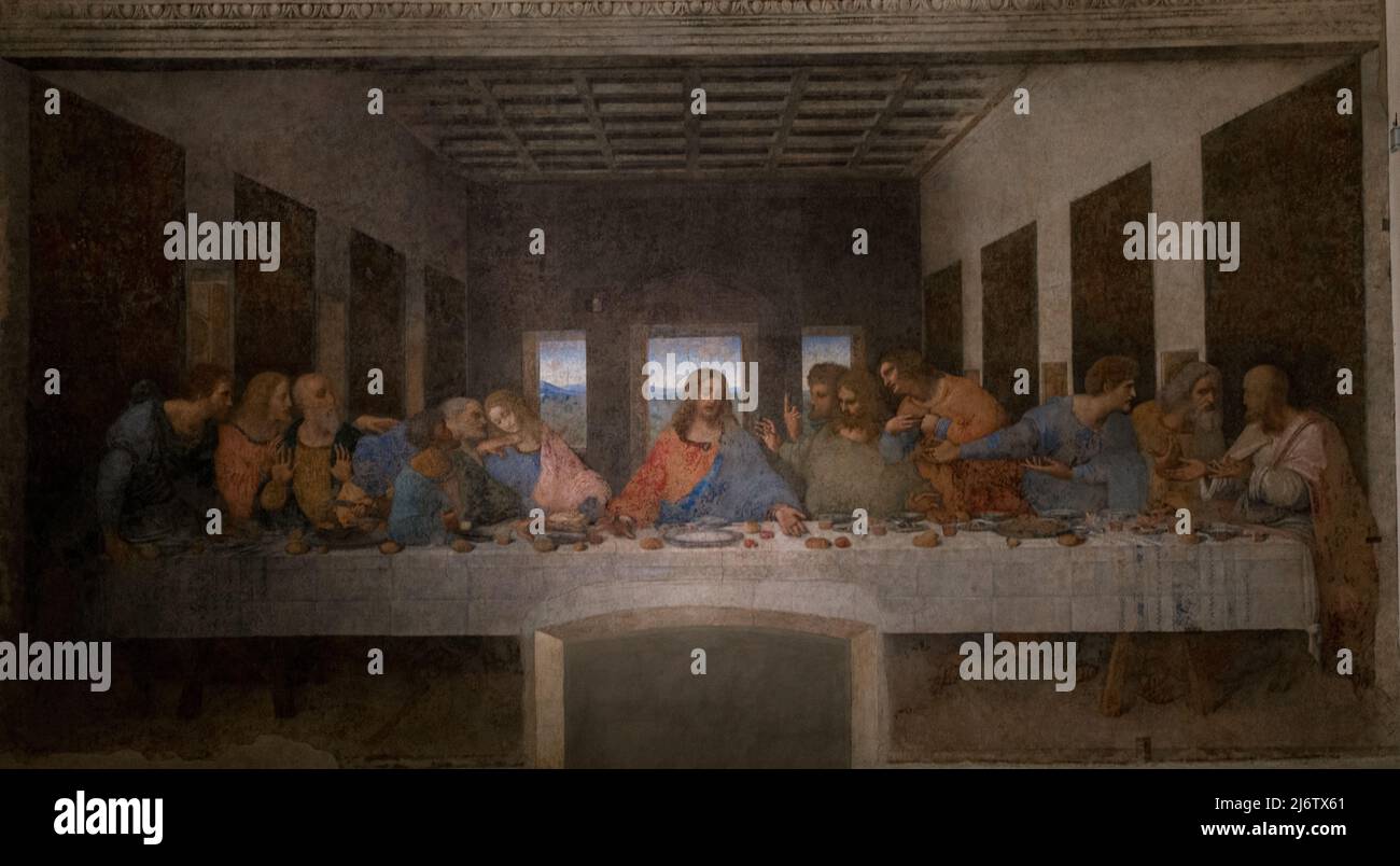 The Last Supper Original Painting in Milano in Santa Maria delle Grazie, MIlano, Italy, Leonardo da Vinci Art Religion Jesus Christianity Museum Stock Photo