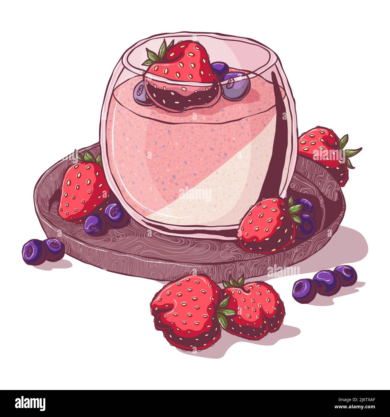 Panna cotta with strawberry and blueberry. Hand drawn vector illustration in cartoon style. Isolated on white background. Italian dessert. Stock Vector