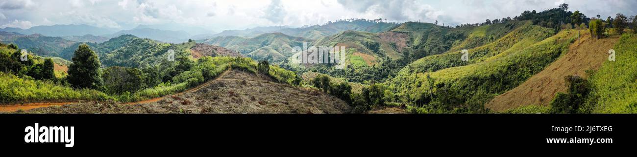 Aerial view of Curvy road number 3 in the mountain of Pua district, Nan ...