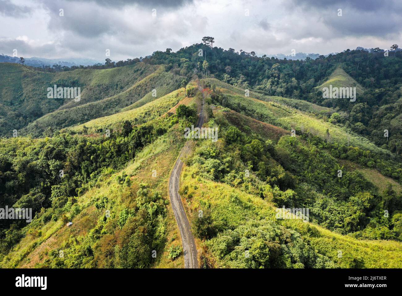 Aerial view of Curvy road number 3 in the mountain of Pua district, Nan ...
