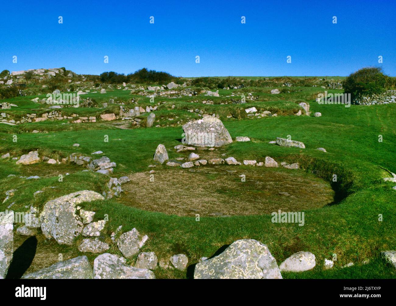 General view NNW over Carn Euny ancient village, Cornwall, England, UK, in use from the Iron Age through to late Roman times (c 500BC-AD400). Stock Photo