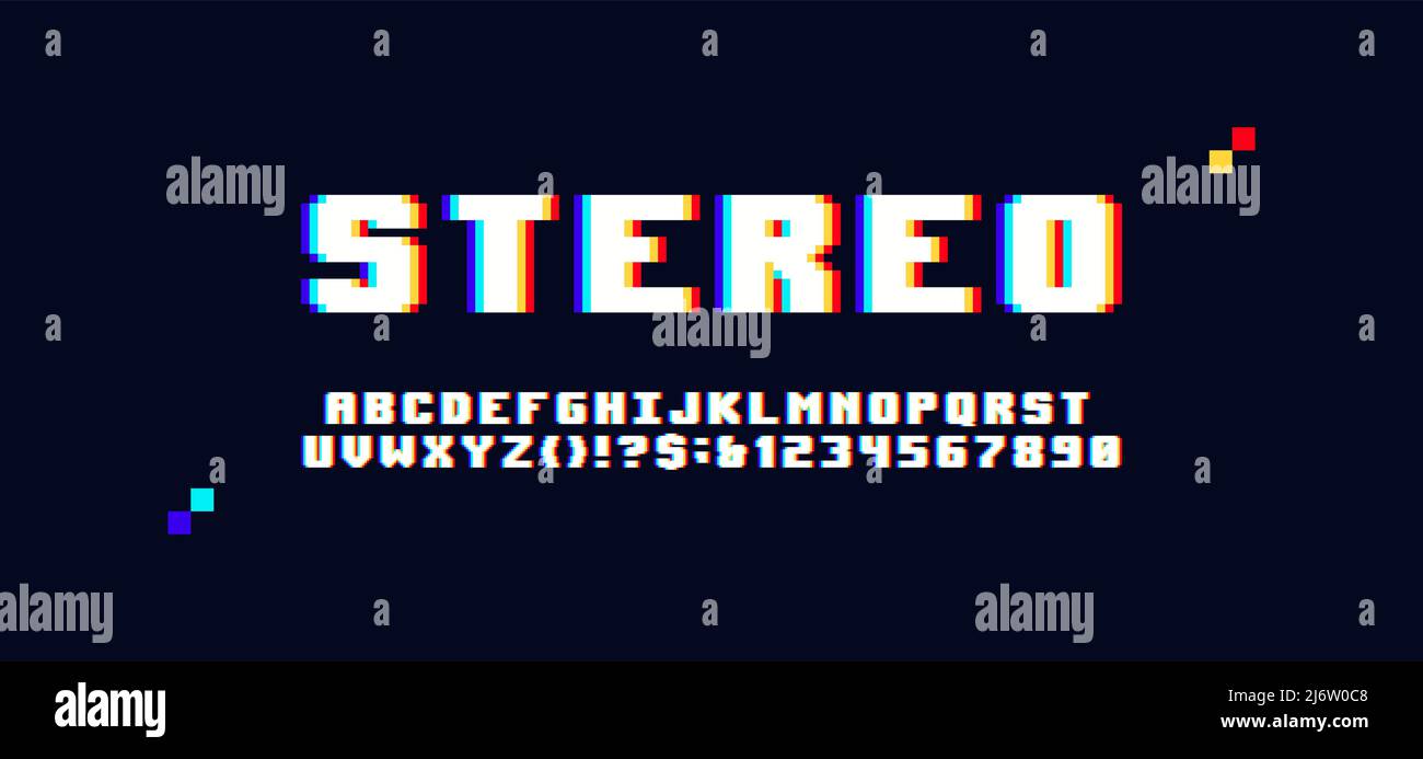 3D pixel font retro video game aesthetics 80s vintage typography letters and numbers with stereo effect, pixelated typeface on dark background Stock Vector