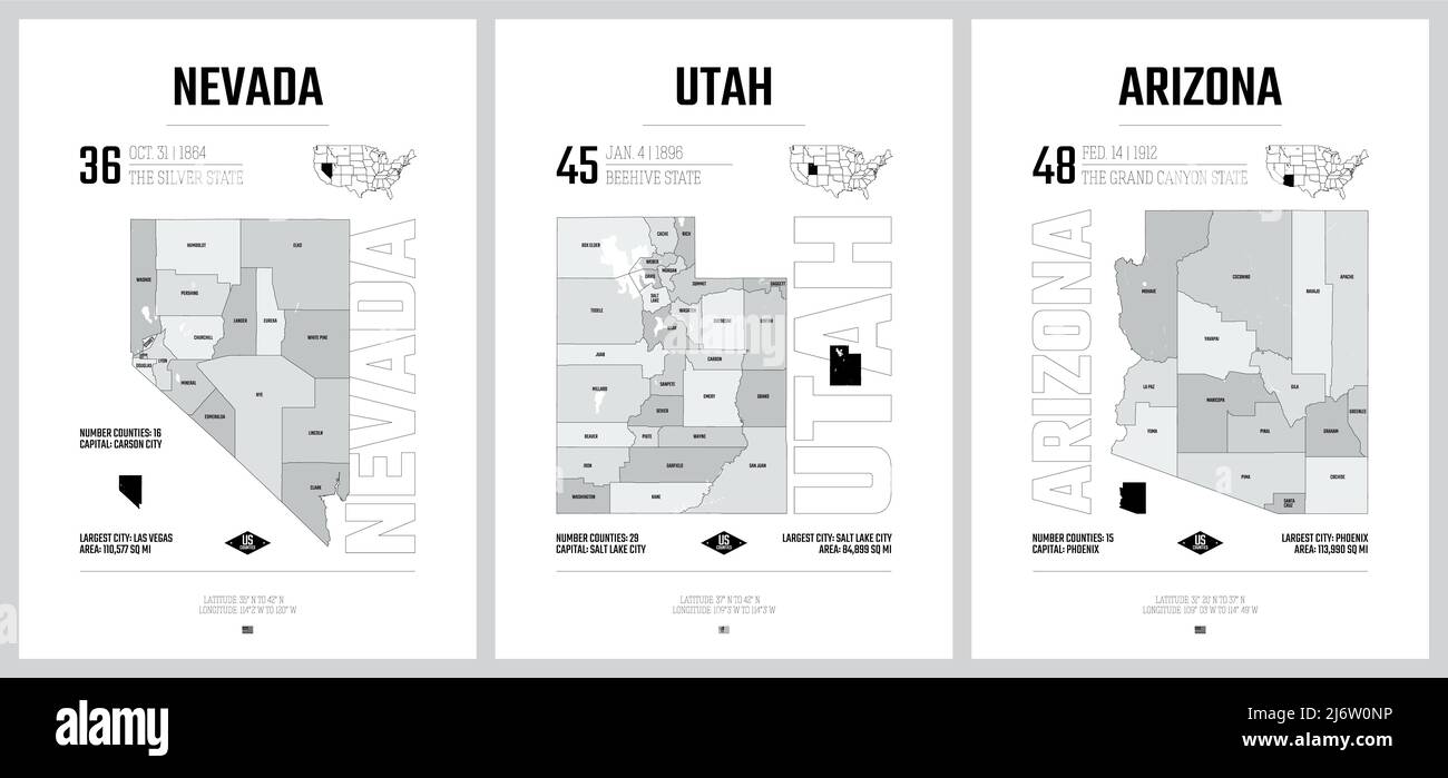 Highly detailed vector silhouettes of US state maps, Division United States into counties, political and geographic subdivisions of a states, Mountain Stock Vector