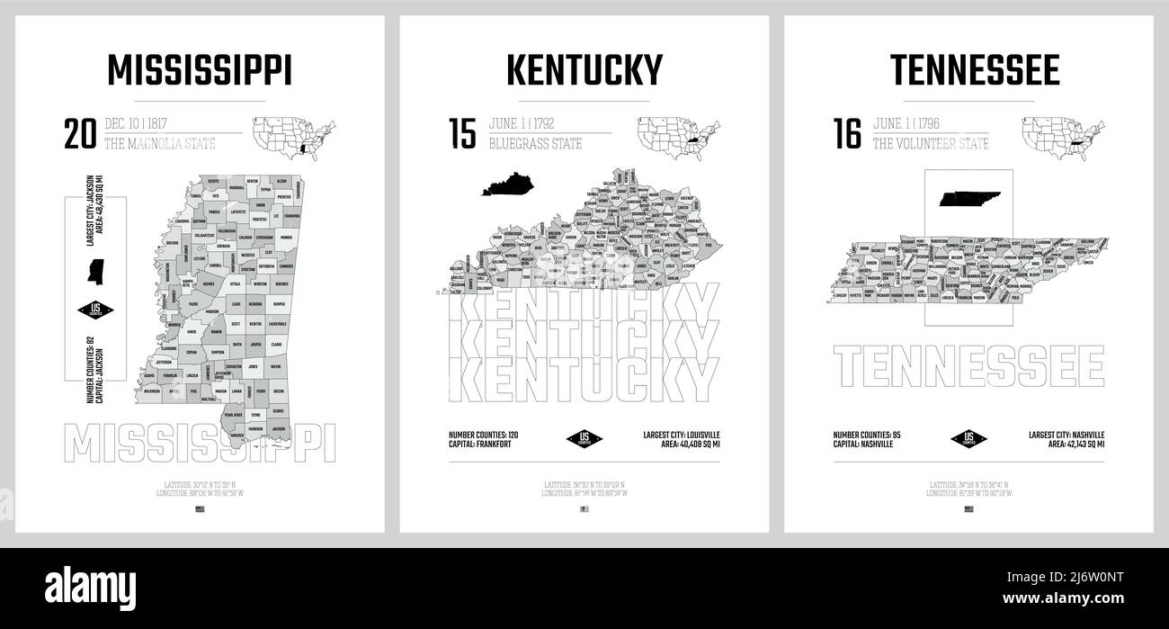 Highly detailed vector silhouettes of US state maps, Division United States into counties, political and geographic subdivisions of a states, East Sou Stock Vector