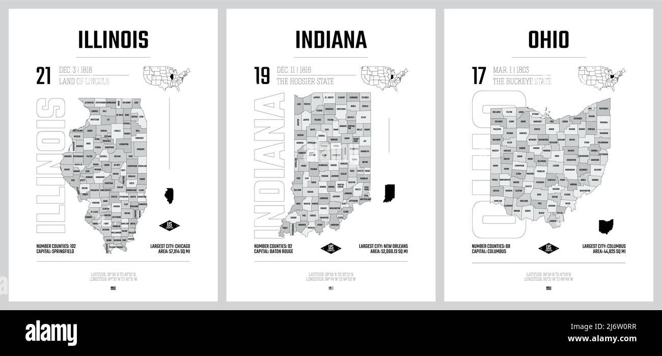 Highly detailed vector silhouettes of US state maps, Division United States into counties 