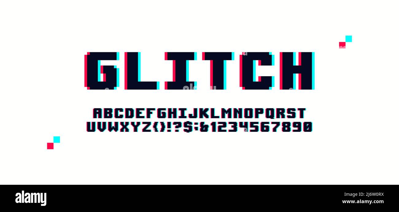 Pixel digital glitch alphabet distorted screen error effect, latin letters and numbers in style of 80's video game, vaporwave and retro aesthetics Stock Vector