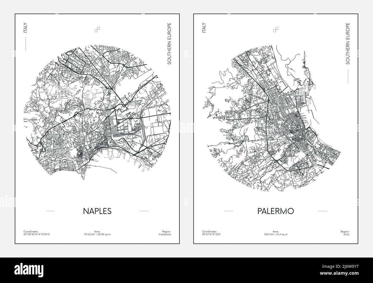 Travel poster, urban street plan city map Naples and Palermo, vector illustration Stock Vector