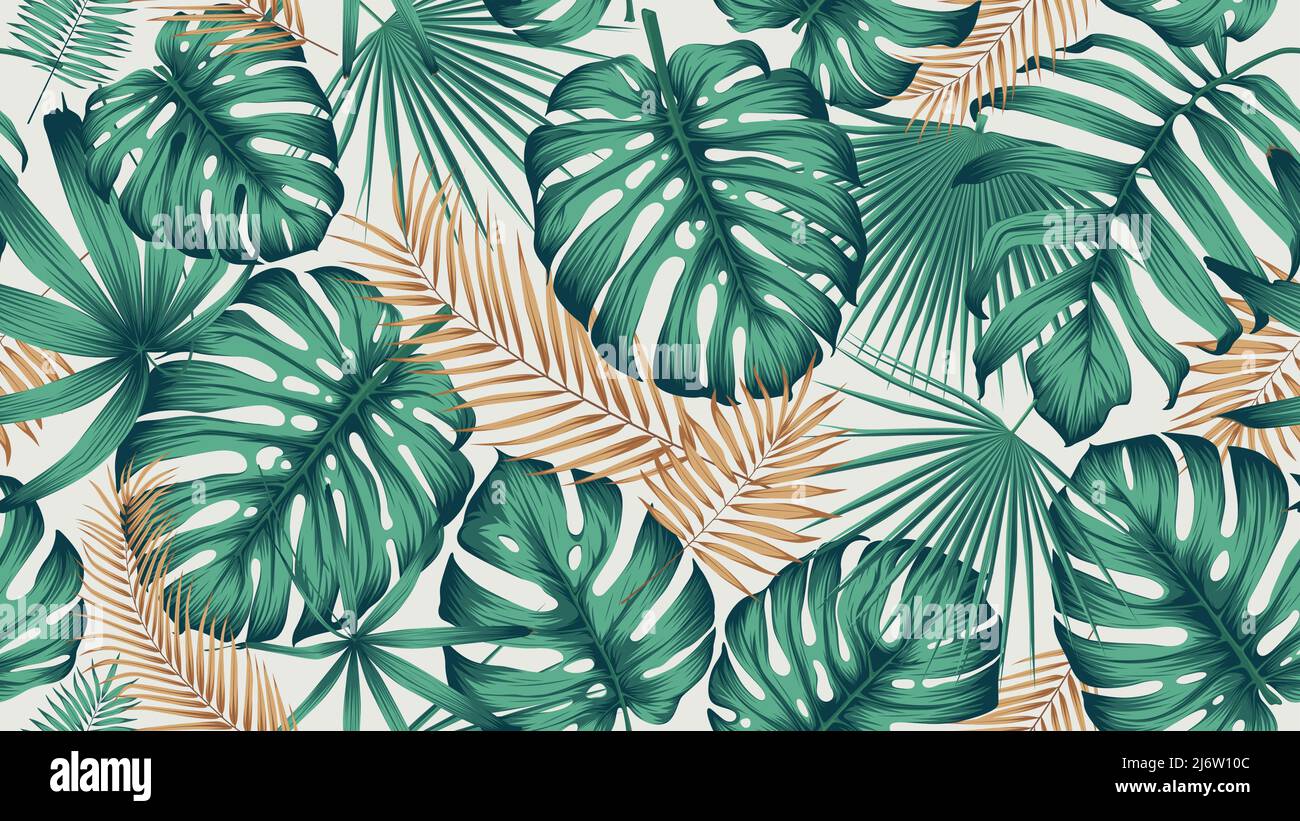 Seamless pattern with bright green leaves of monstera and tropical plants on a light background, contemporary collage trendy exotic vector composition Stock Vector