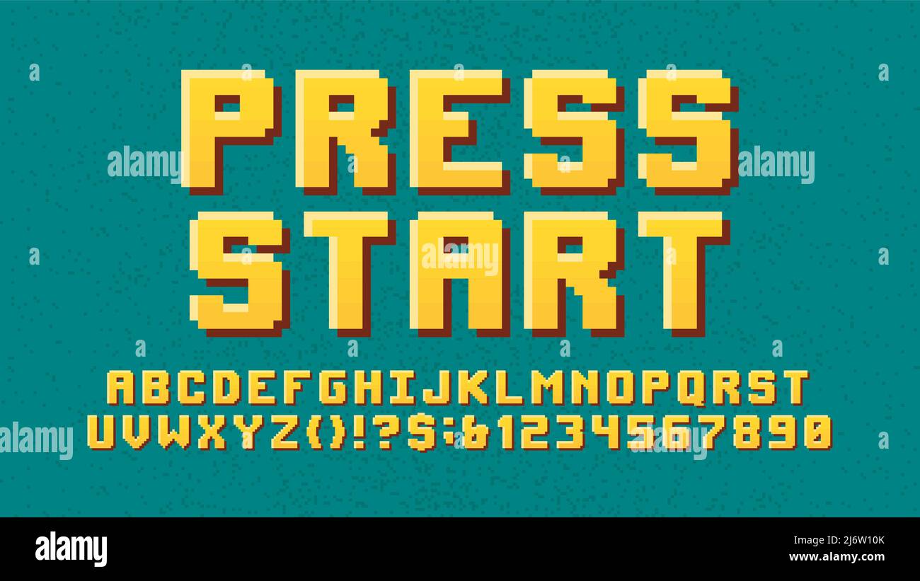 Pixelated typeface computer graphic letters and numbers, old school nostalgic pixel video game font, colorful retro alphabet, vector symbols Stock Vector