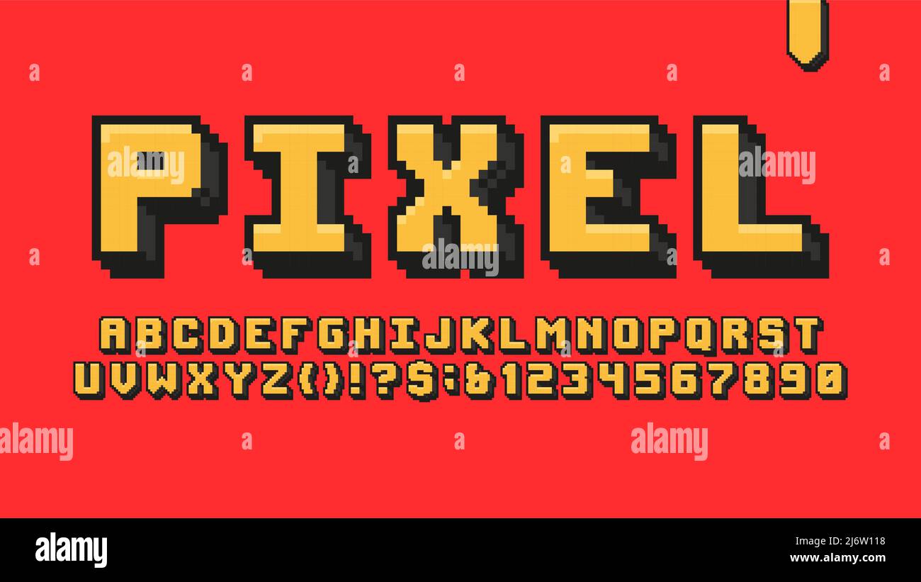 Retro Pixel Game alphabet font. Pixel script letters, numbers and  punctuations. 80s arcade video game typescript. Stock Vector