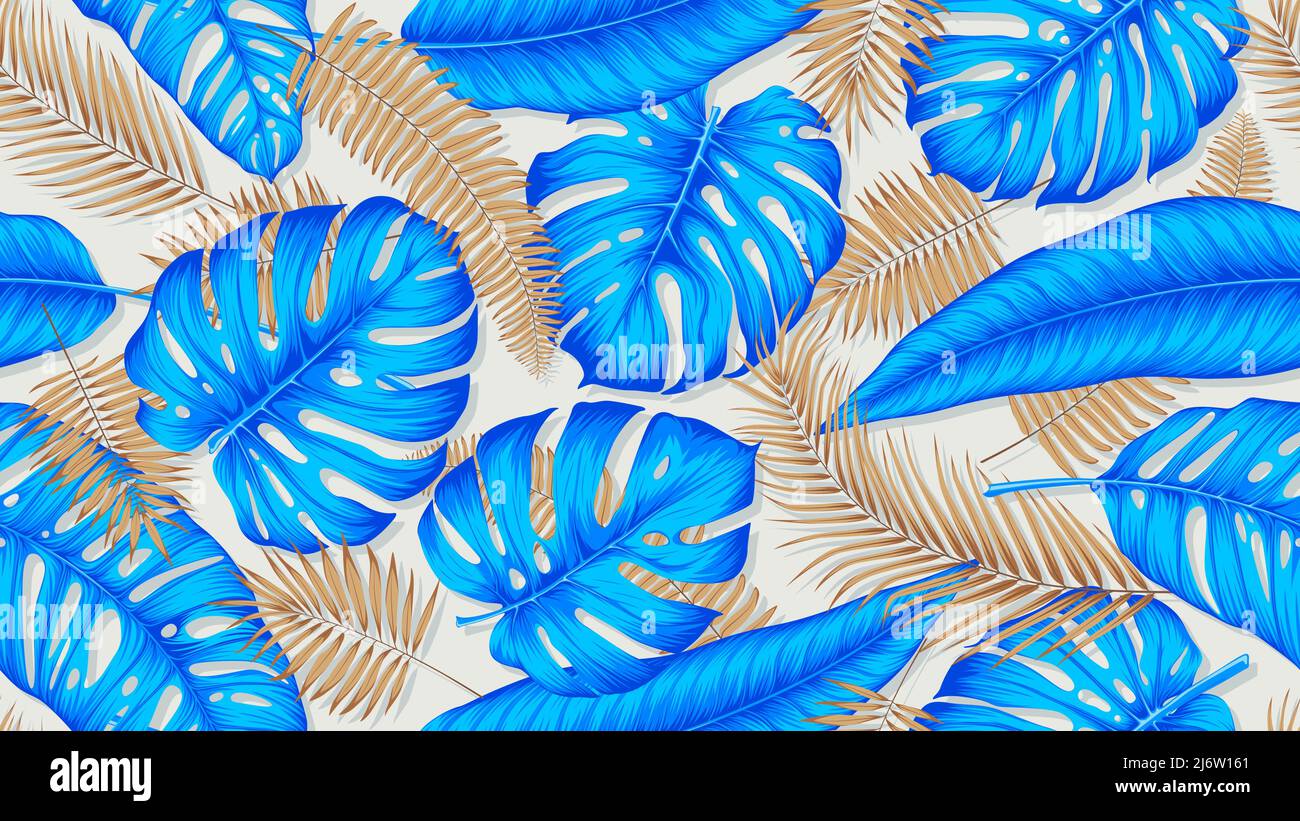Seamless colorful pattern with blue and gold exotic tropical plants, monstera leaves and palm trees, trendy exotic vector composition Stock Vector