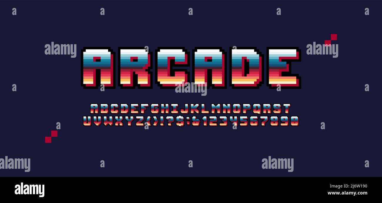 Retro futuristic latin arcade pixel font from video games, vector geometric 8 bit design letters and numbers, colorful pixelated typeface Stock Vector