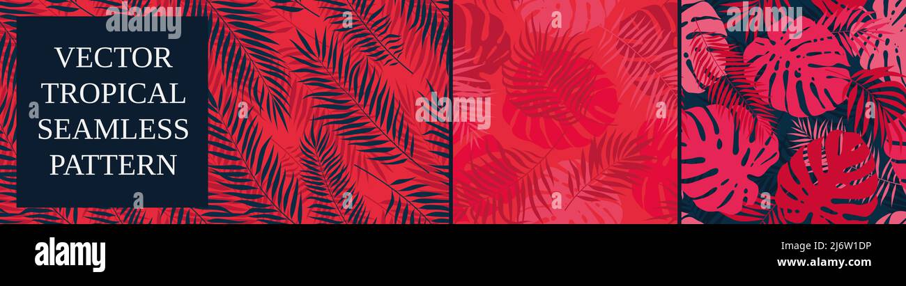 Set of seamless patterns with tropical exotic leaves and plants, vector botany composition in red blue colors Stock Vector