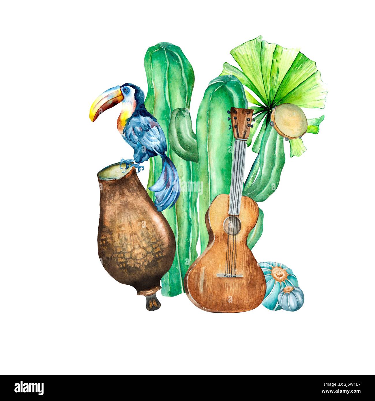 Musical instrument of Brazilia, cactus and toucan watercolor illustration on white. Tropical palm tree, guitar, percussion and exotic bird hand painte Stock Photo