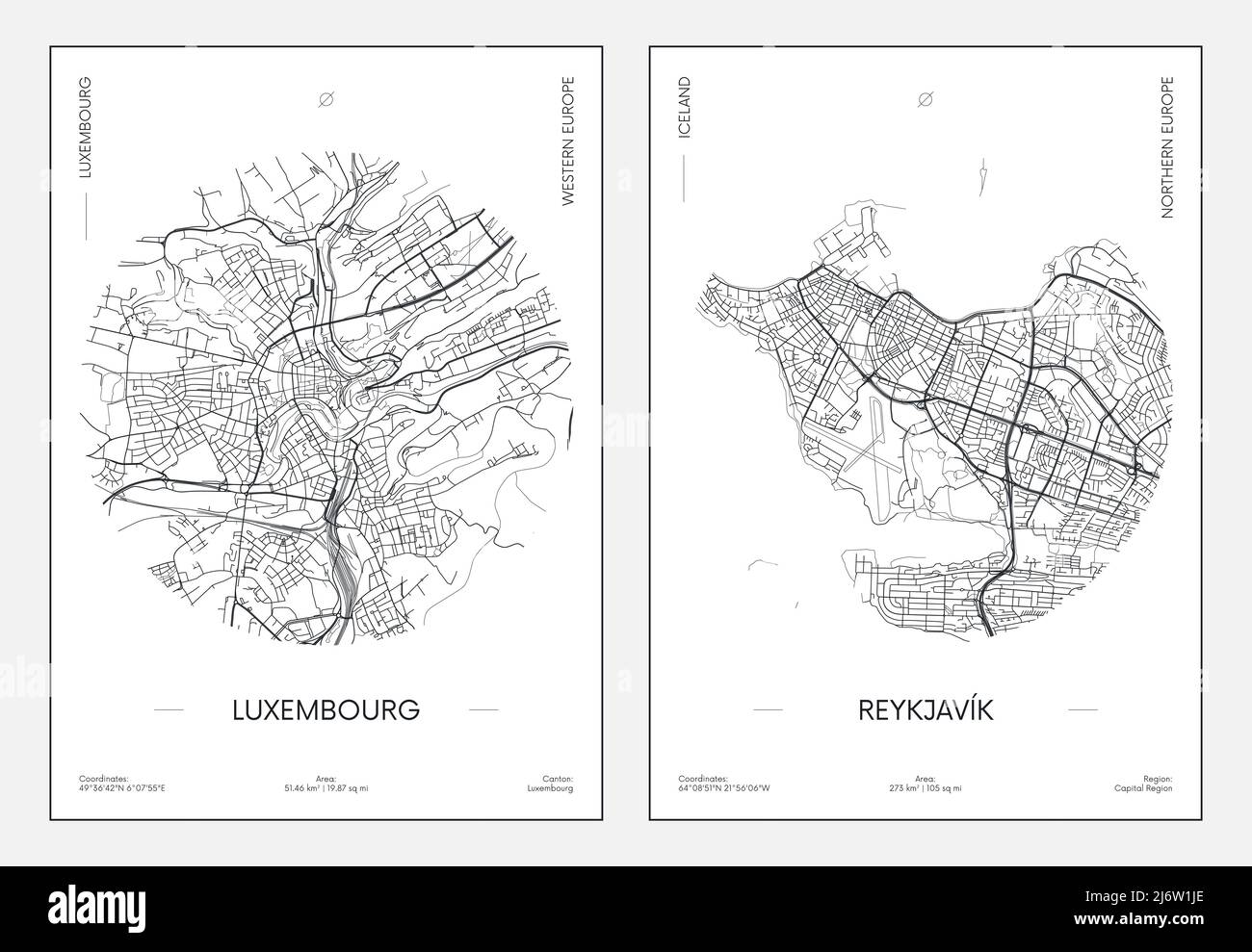 Travel poster, urban street plan city map Luxembourg and Reykjavik, vector illustration Stock Vector