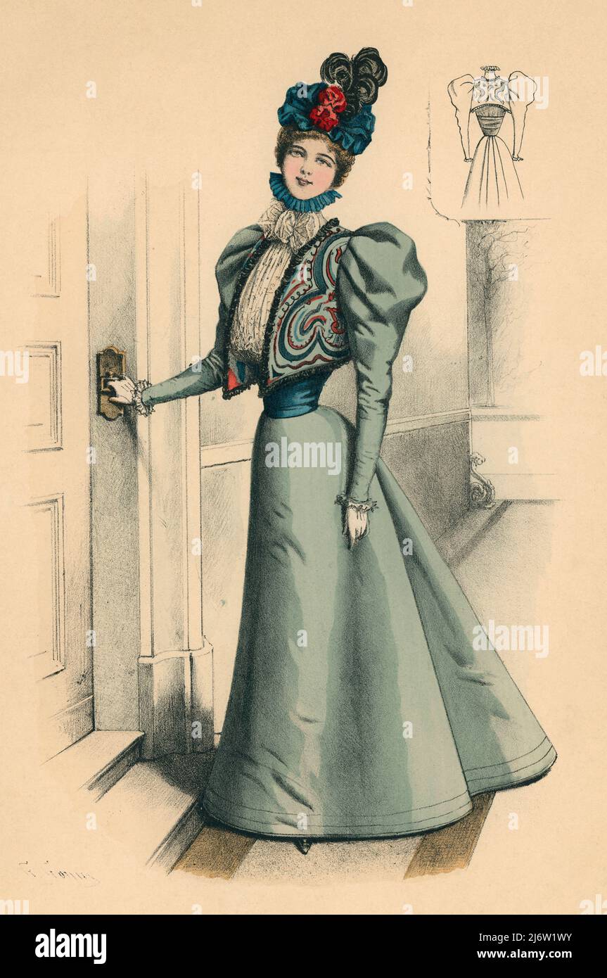 España. Madrid. La moda elegante ilustrada. Una mujer visitando una amiga. Grabado de 1896. Stock Photo