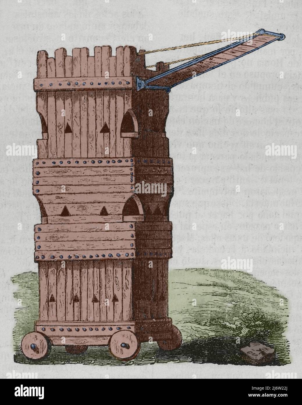 Siege tower or breaching tower. Siege engine. Engraving. Later colouration. Historia General de España by Father Mariana. Madrid, 1852. Stock Photo