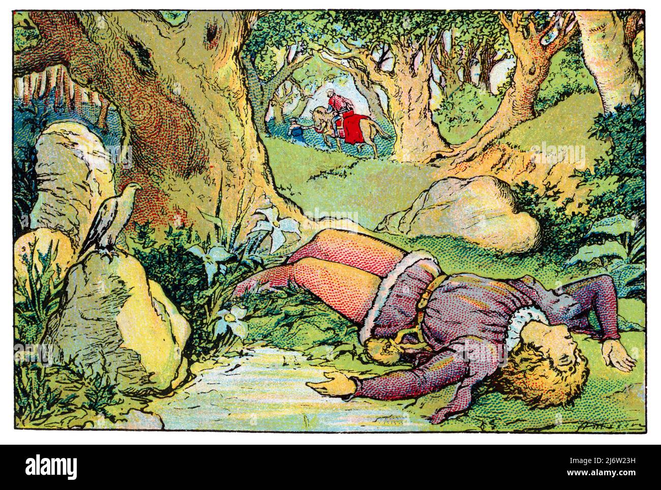 Historia de Catalunya. Ramón Berenguer II (1053-1082), cap d'estopa, conde de Barcelona, muerto por su hermano en los bosques de Hostalric. Cromo de Xacolata Juncosa. Año 1932. Author: Albert Mestre Moragas. Stock Photo