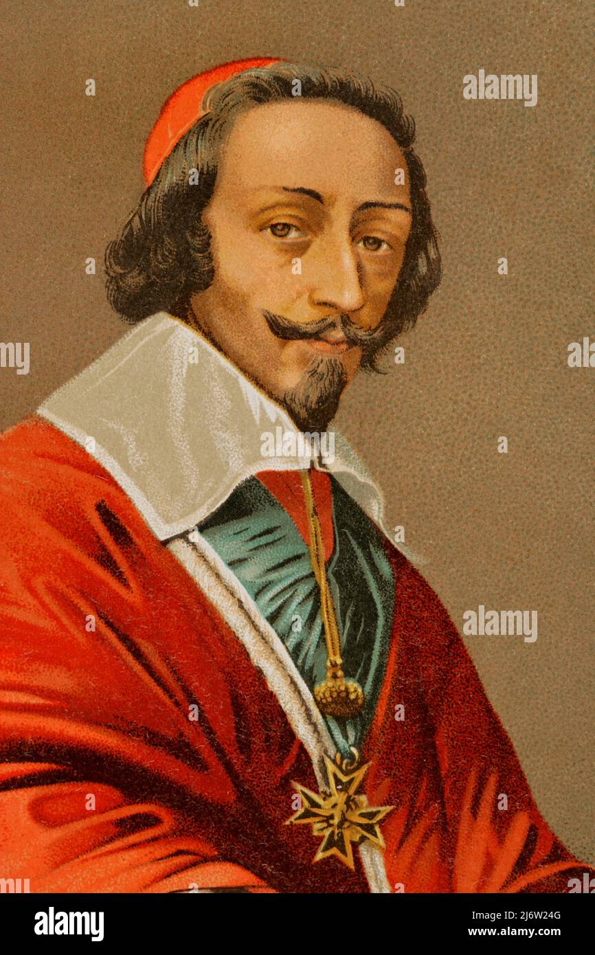Cardinal de Richelieu (Armand Jean du Plessis) (1585-1642). French clergyman and statesman. Chief minister to King Louis XIII. Portrait, detail. Chromolithography. Historia Universal, by César Cantú. Volume VIII. Published in Barcelona, 1886. Stock Photo