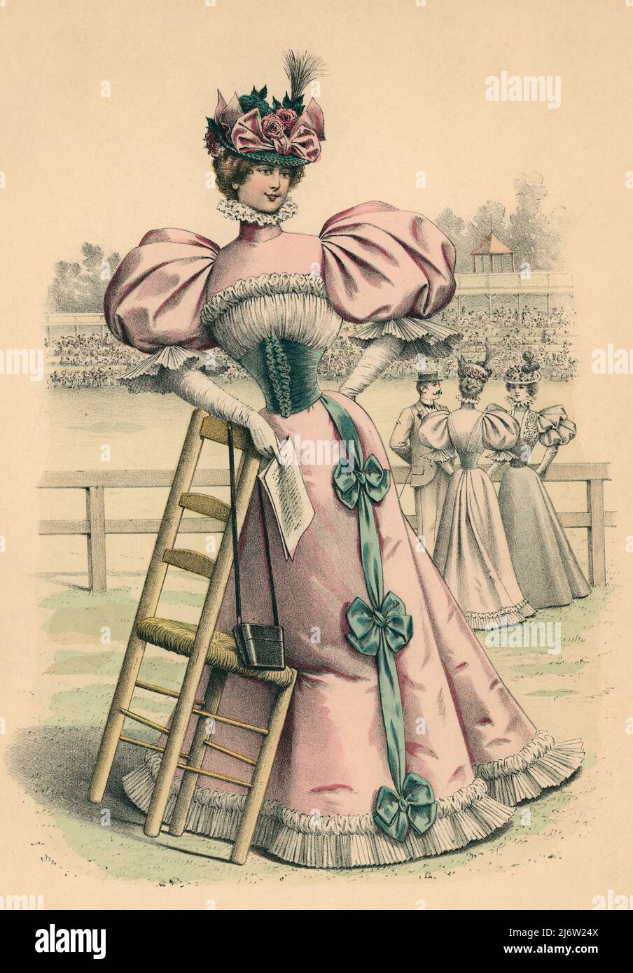 España. Madrid. La moda elegante ilustrada. Una mujer en el hipódromo sujetando una silla de mimbres. Grabado de 1896. Stock Photo