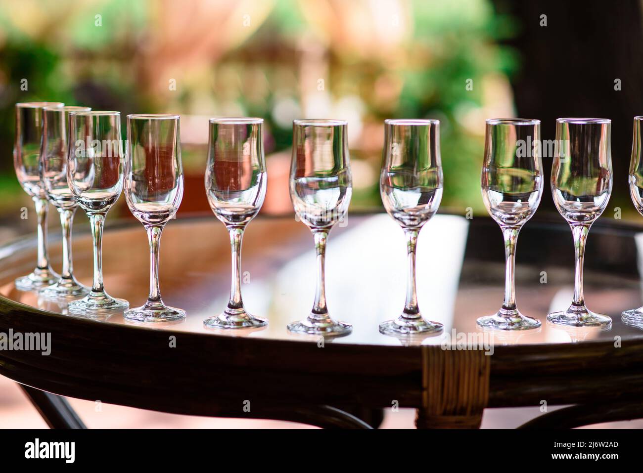 Arrangement of glasses for wine and champagne Stock Photo