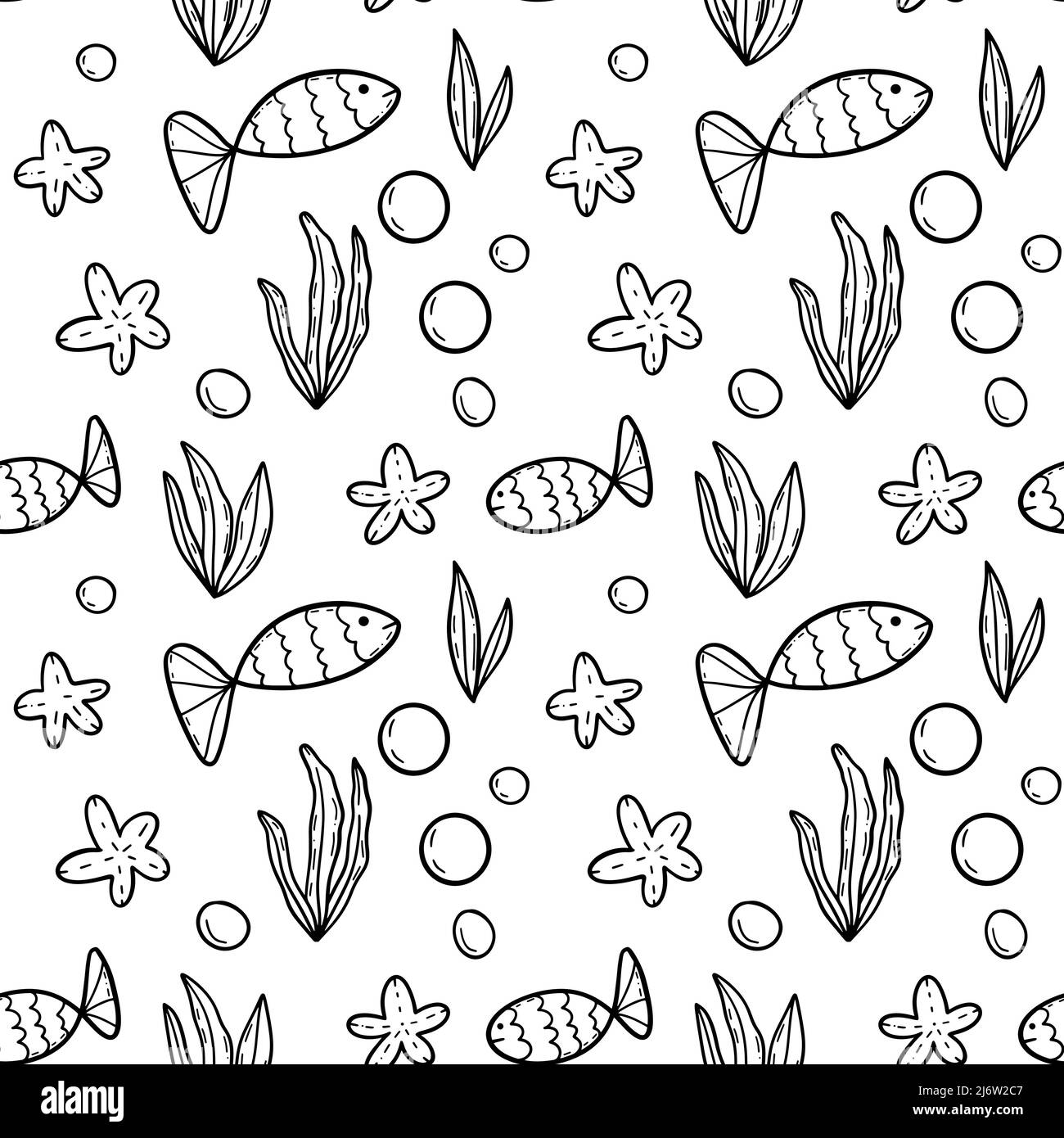 Marine little fish blak ink outline in doodle style seamless pattern ...