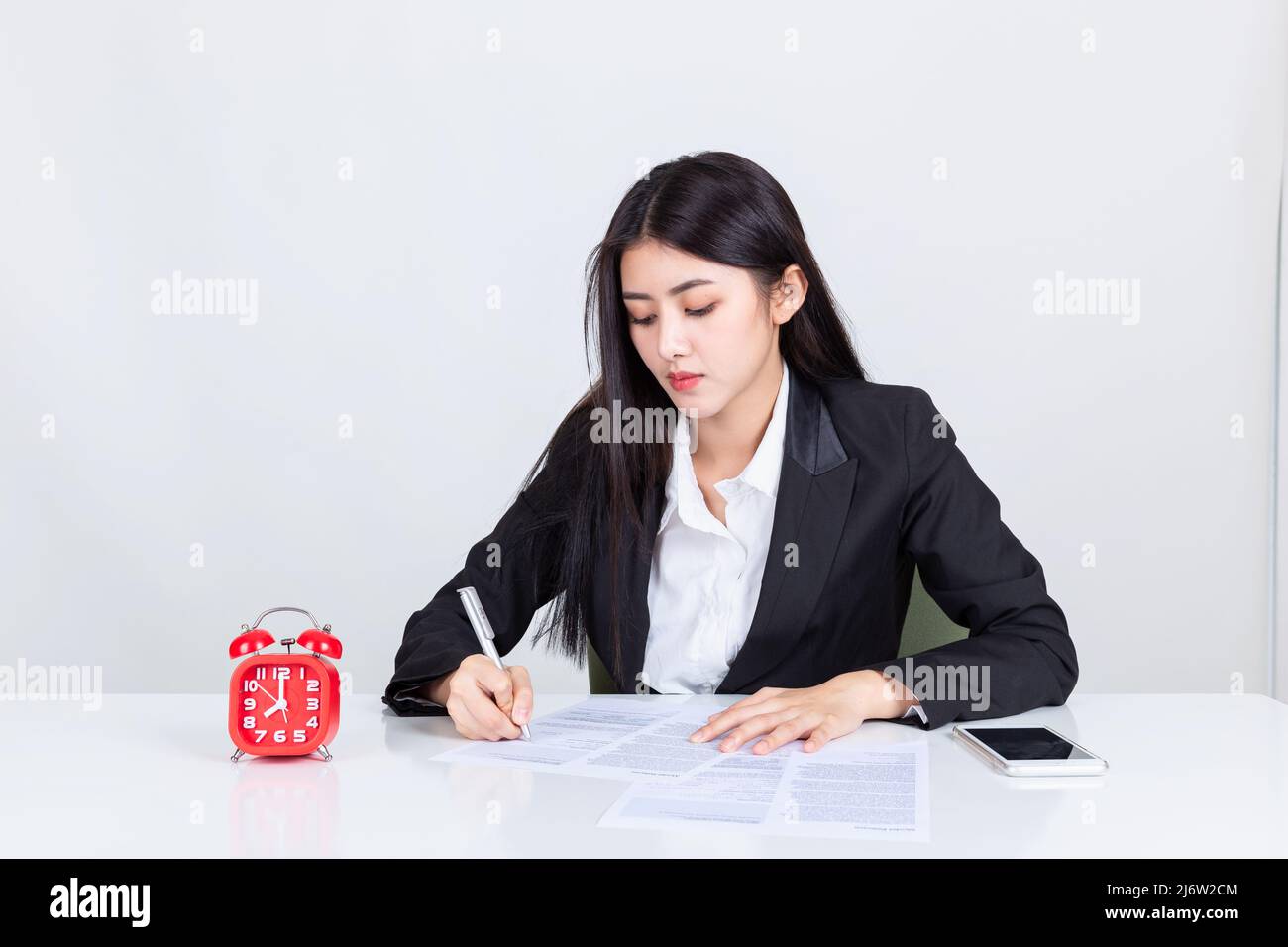 time for work. Asian business woman sit at desk in office Stock Photo ...