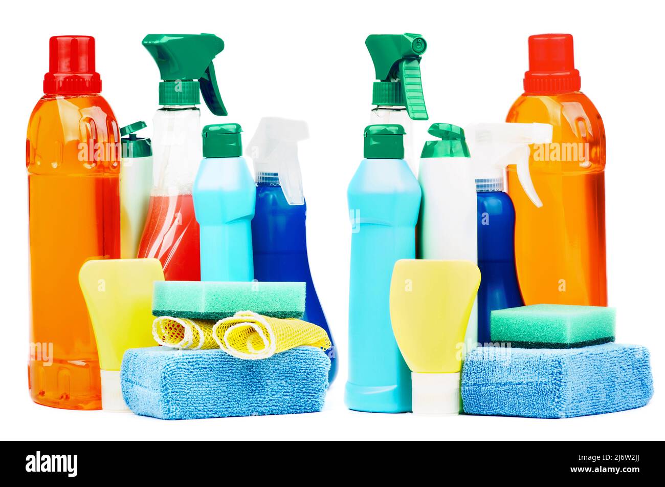Arrangement of Colorful Domestic Cleaning Products with Spray Bottles ...