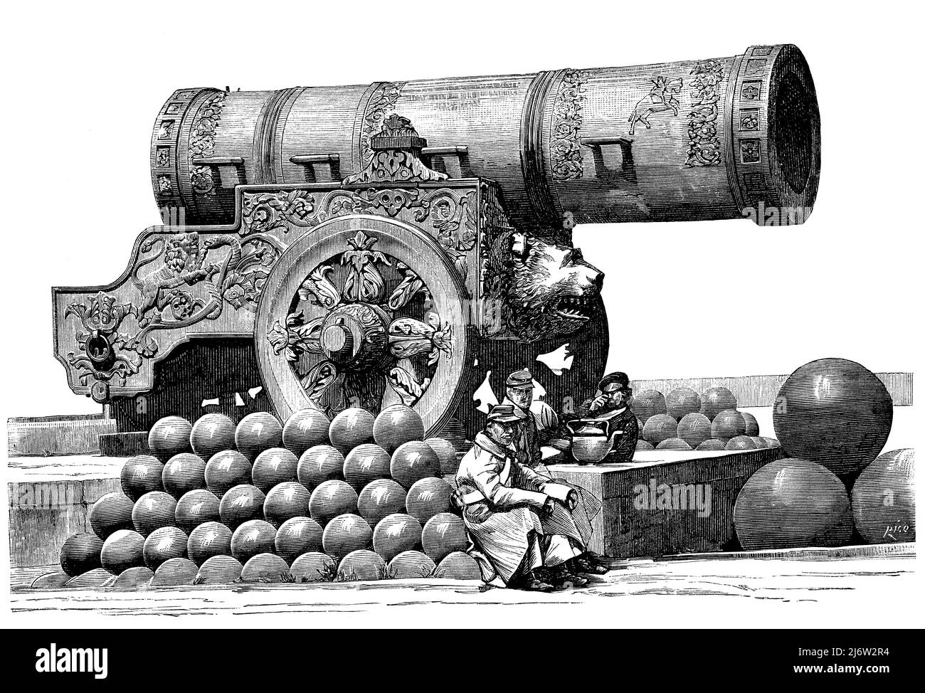 Rusia. Moscú. El rey de los cañones en el Kremlin, fundido en 1586; también conocido como el cañón del zar, construído por el maestro de fundición Andrei Chokhov (1545-1629) por orden del zar Fiodor I Ivanovich (1557-1598). Grabado de 1877. Stock Photo