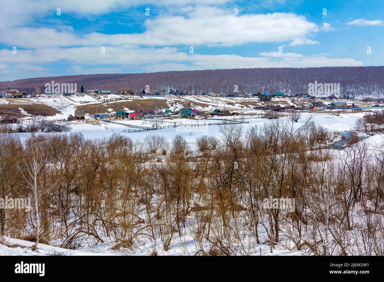 Panoramic view of the village of Ust-Khmelevka and the valley of the Bolshaya Podikova river, Kemerovo region-Kuzbass Stock Photo