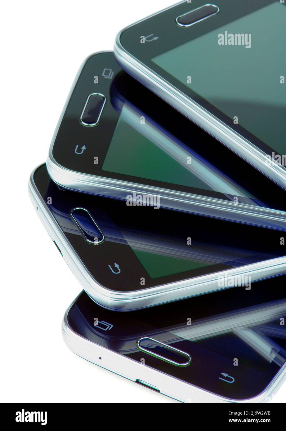 Arrangement of Black Smartphones with Silver Details and Reflection