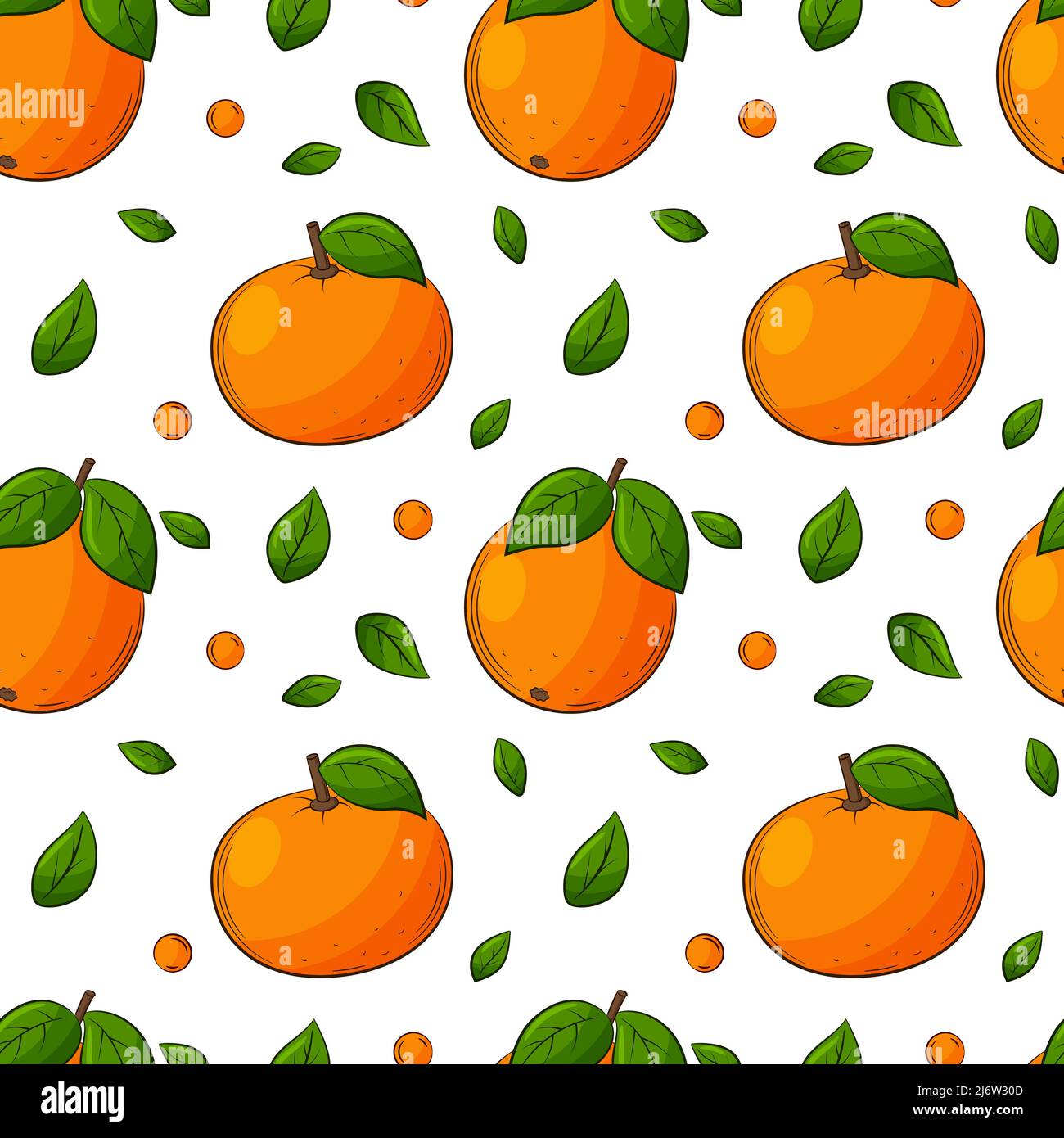 Seamless pattern with oranges, tangerines and leaves. Bright, juicy, summery, fruity pattern. Colored elements in a linear style are isolated. For the Stock Vector