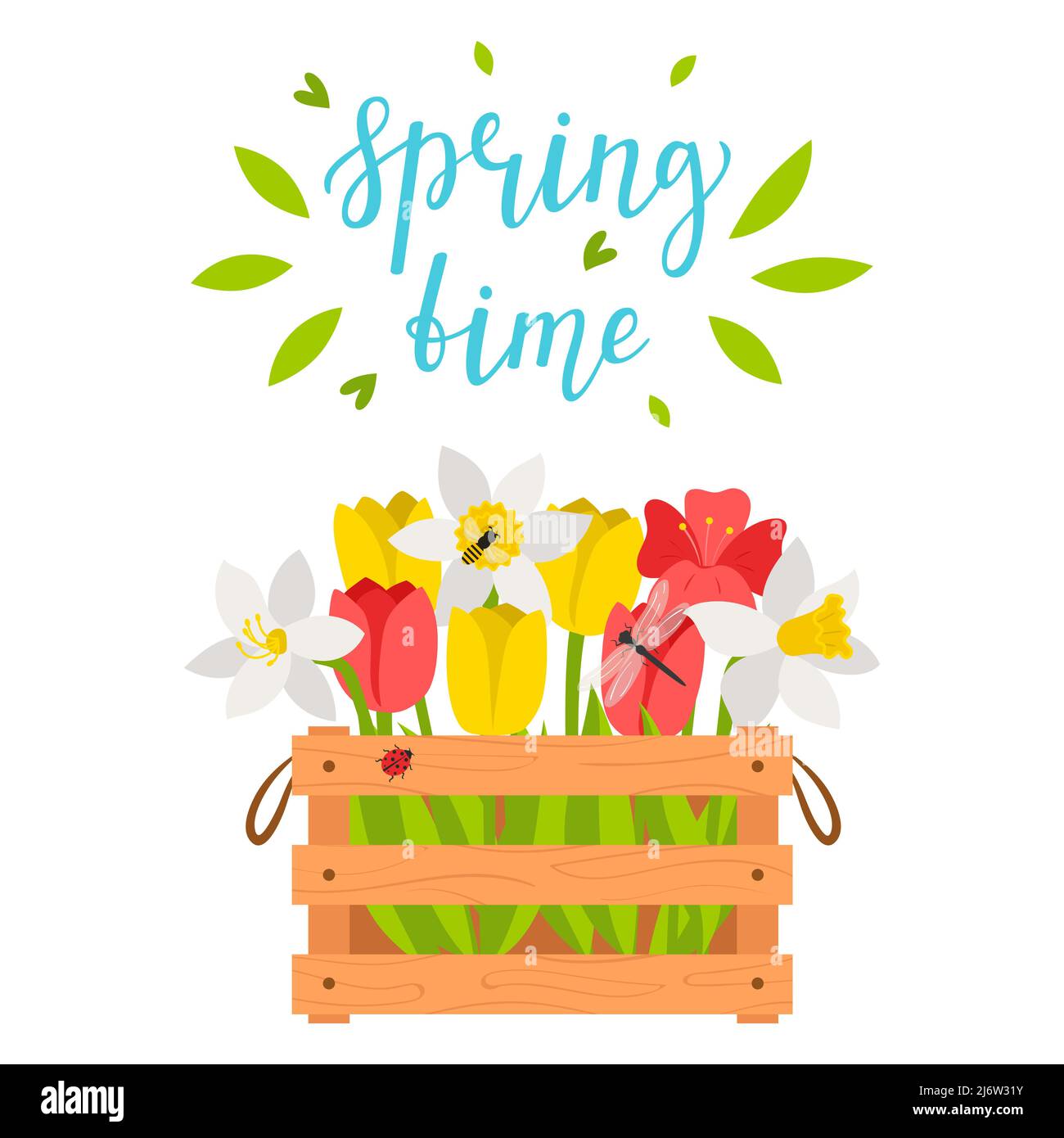 Wooden box with spring flowers, tulips, daffodils, dragonfly, bee. The words Springtime. Bright color vector illustration, postcard in flat style. Iso Stock Vector