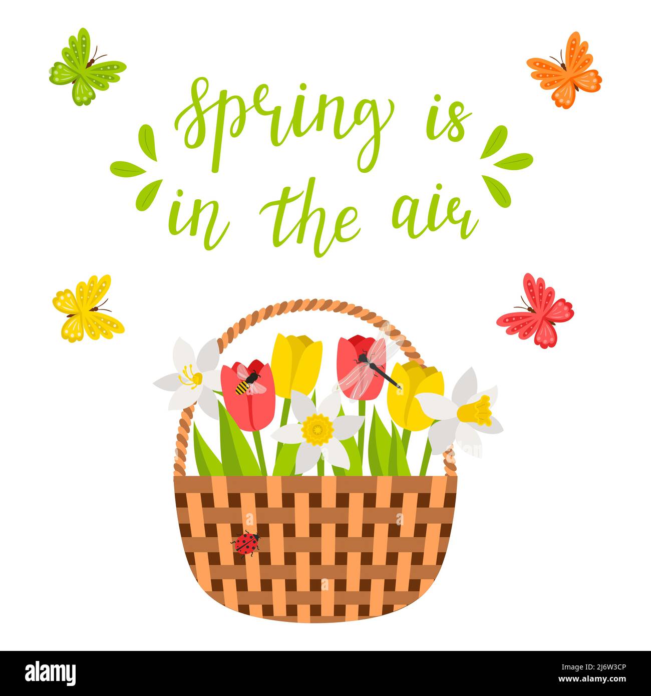 Wicker basket with spring flowers, tulips, daffodils, dragonfly, bee, butterflies. The words Spring is in the air. Bright color vector illustration, p Stock Vector
