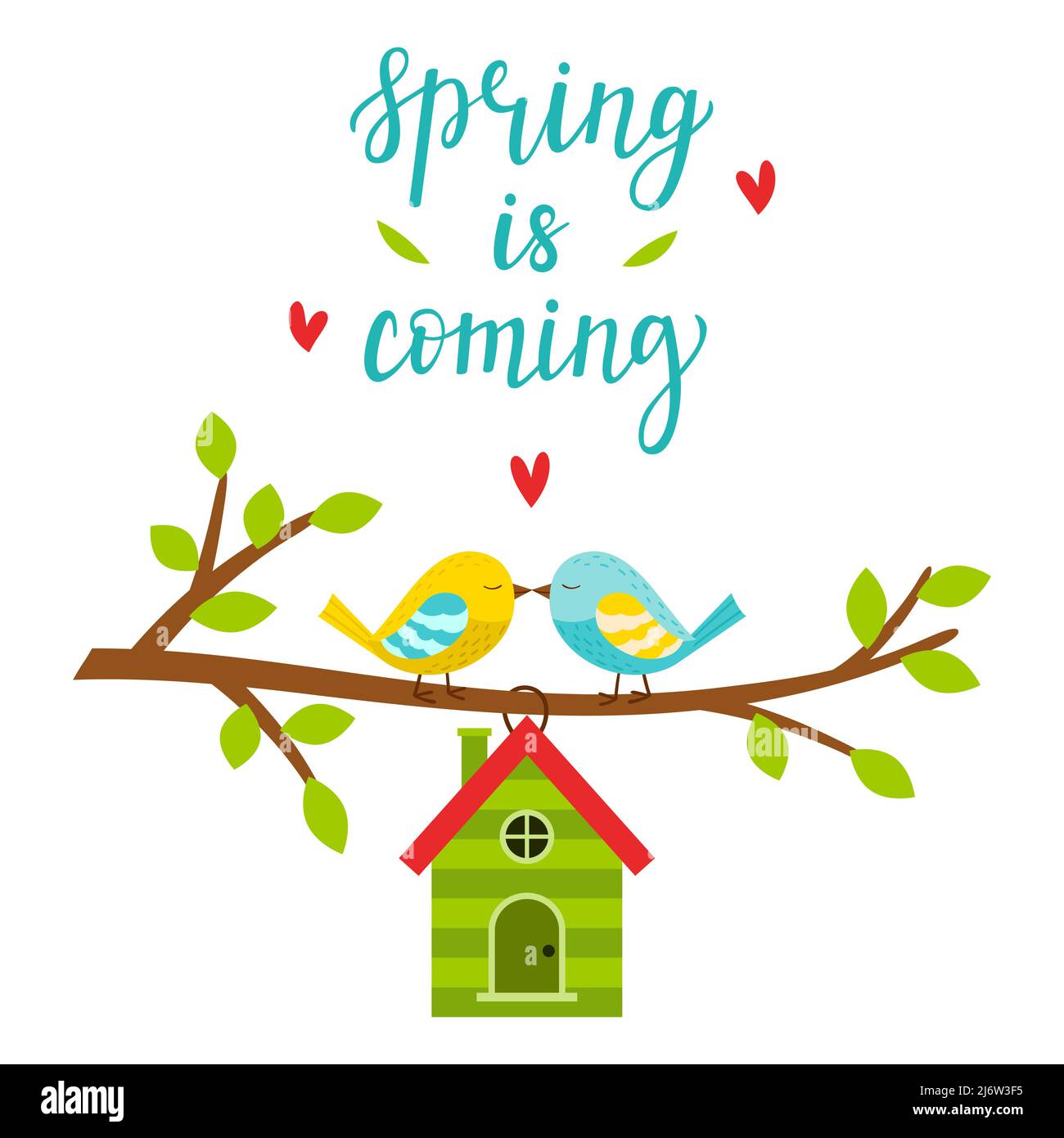 Two lovebirds on a branch with leaves. A birdhouse in the form of a house. Lettering Spring is coming. Spring, bright color vector illustration, postc Stock Vector