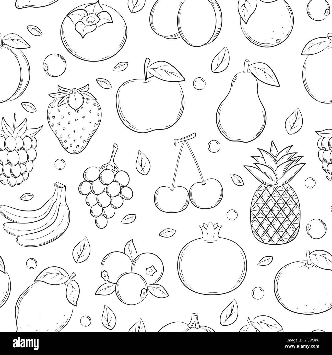 Seamless pattern with different fruits and berries. Black and white ...