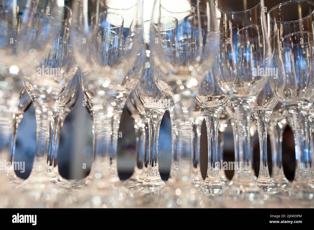 Composition of empty glasses for champagne at a festive event Stock
