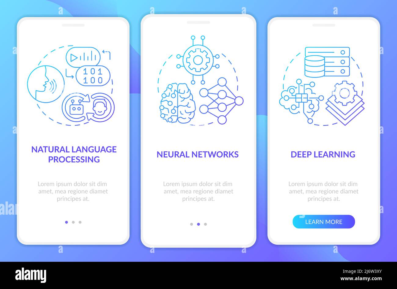 Fields of machine learning blue gradient onboarding mobile app screen Stock Vector