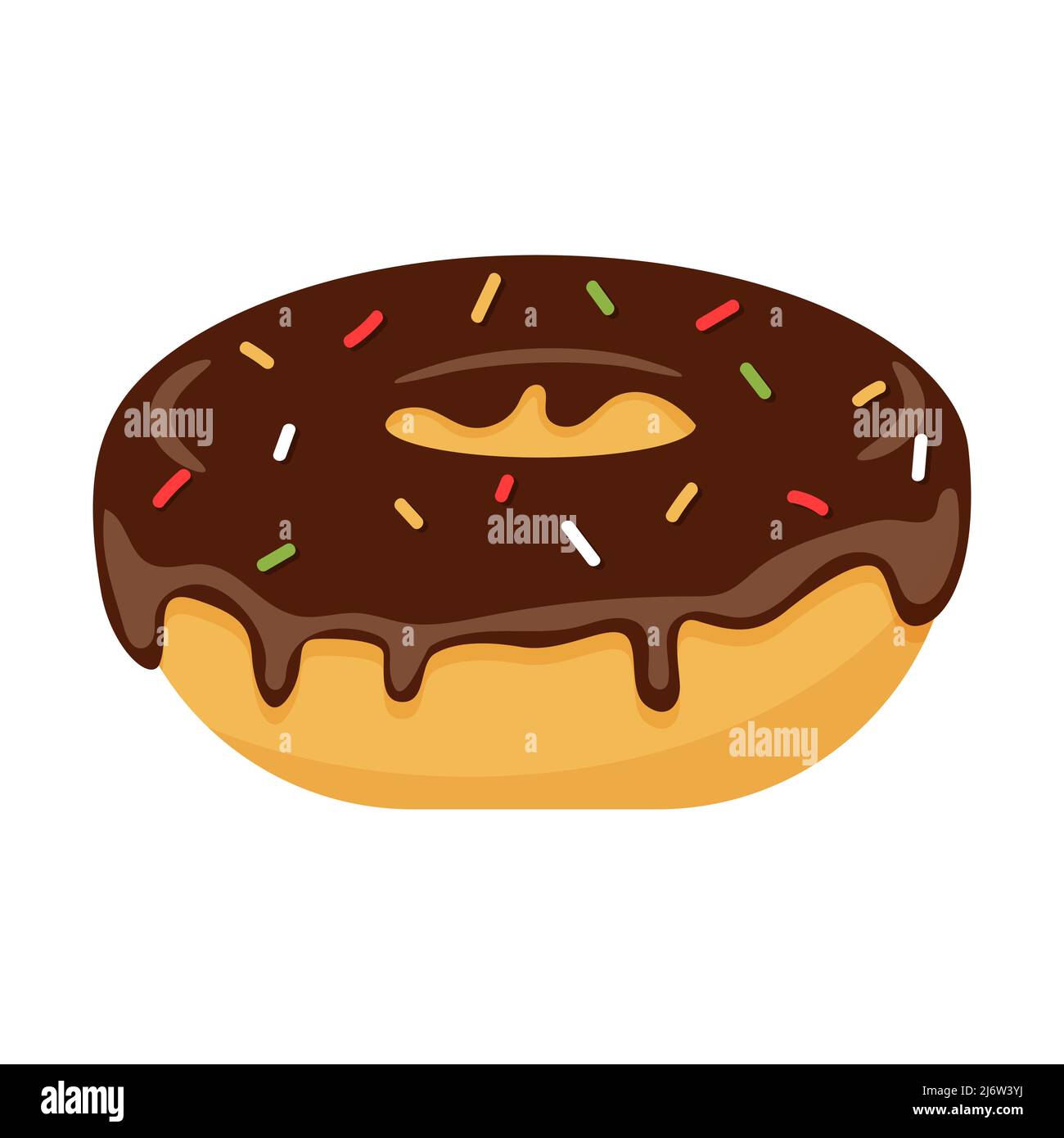 Donut with chocolate icing and decorative sprinkles. Sweet, fatty, high-calorie, unhealthy food, dessert, treat. Color vector illustration in cartoon Stock Vector