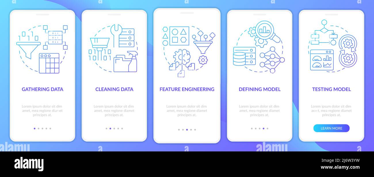 Problem solving steps in ML blue gradient onboarding mobile app screen Stock Vector