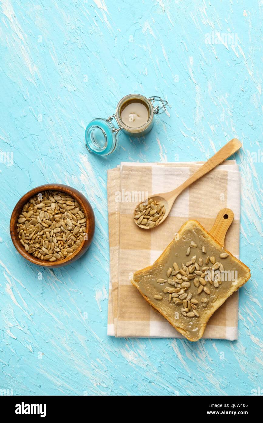 Toast bread with sunflower seeds. Sunflower butter is a new trend and a great alternative to nut
